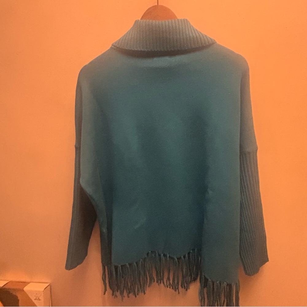 Esqualo Teal Ribbed Turtleneck Fringe Hem Sweater | Size M/L